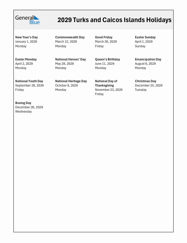 Free printable list of Turks and Caicos Islands holidays for year 2029