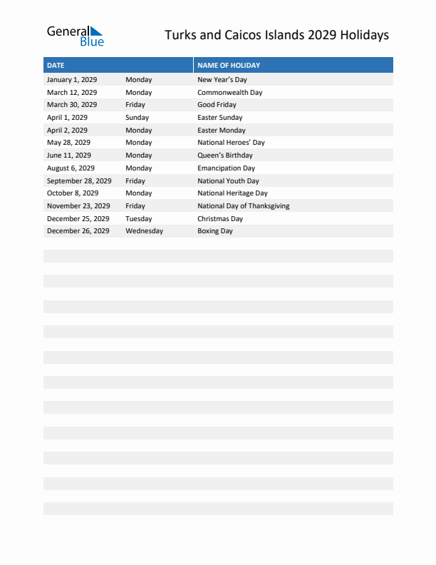 Free printable list of Turks and Caicos Islands holidays for year 2029