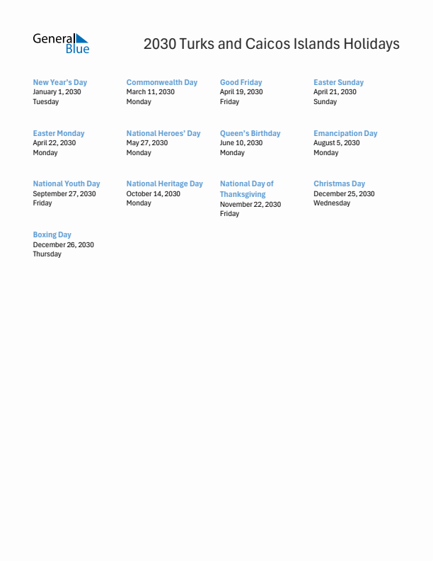 Free printable list of Turks and Caicos Islands holidays for year 2030