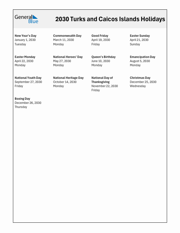 Free printable list of Turks and Caicos Islands holidays for year 2030