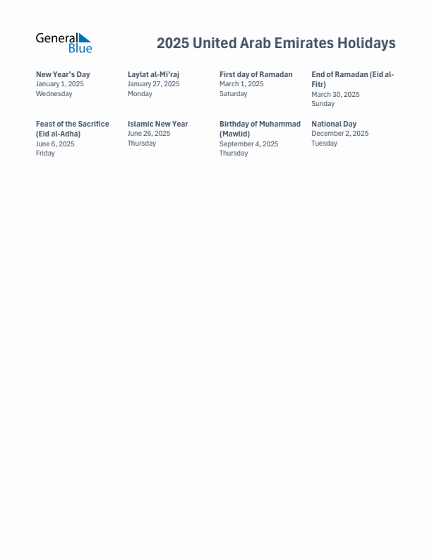 2025 United Arab Emirates List of Holidays in PDF, Word, and Excel