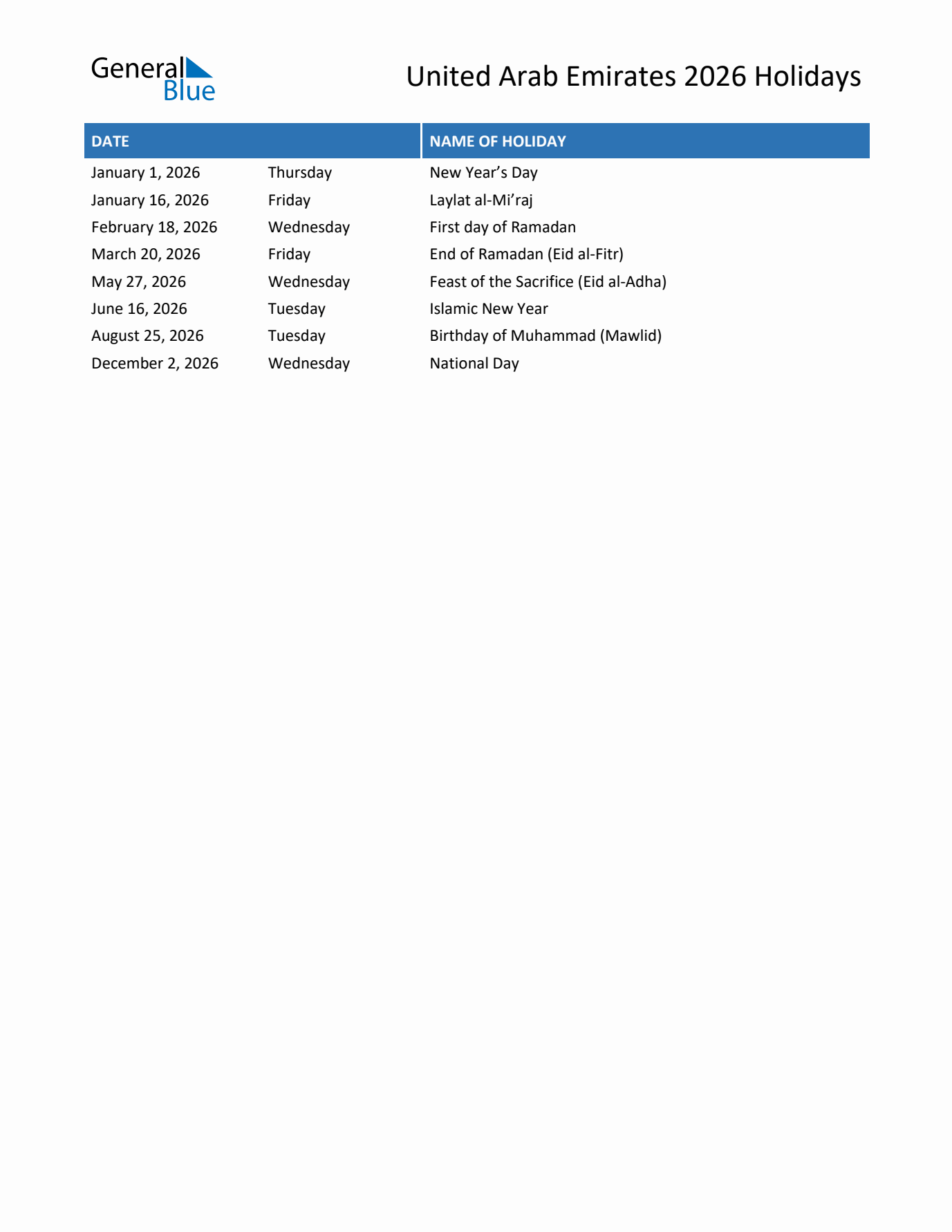 2026 United Arab Emirates List of Holidays in PDF, Word, and Excel