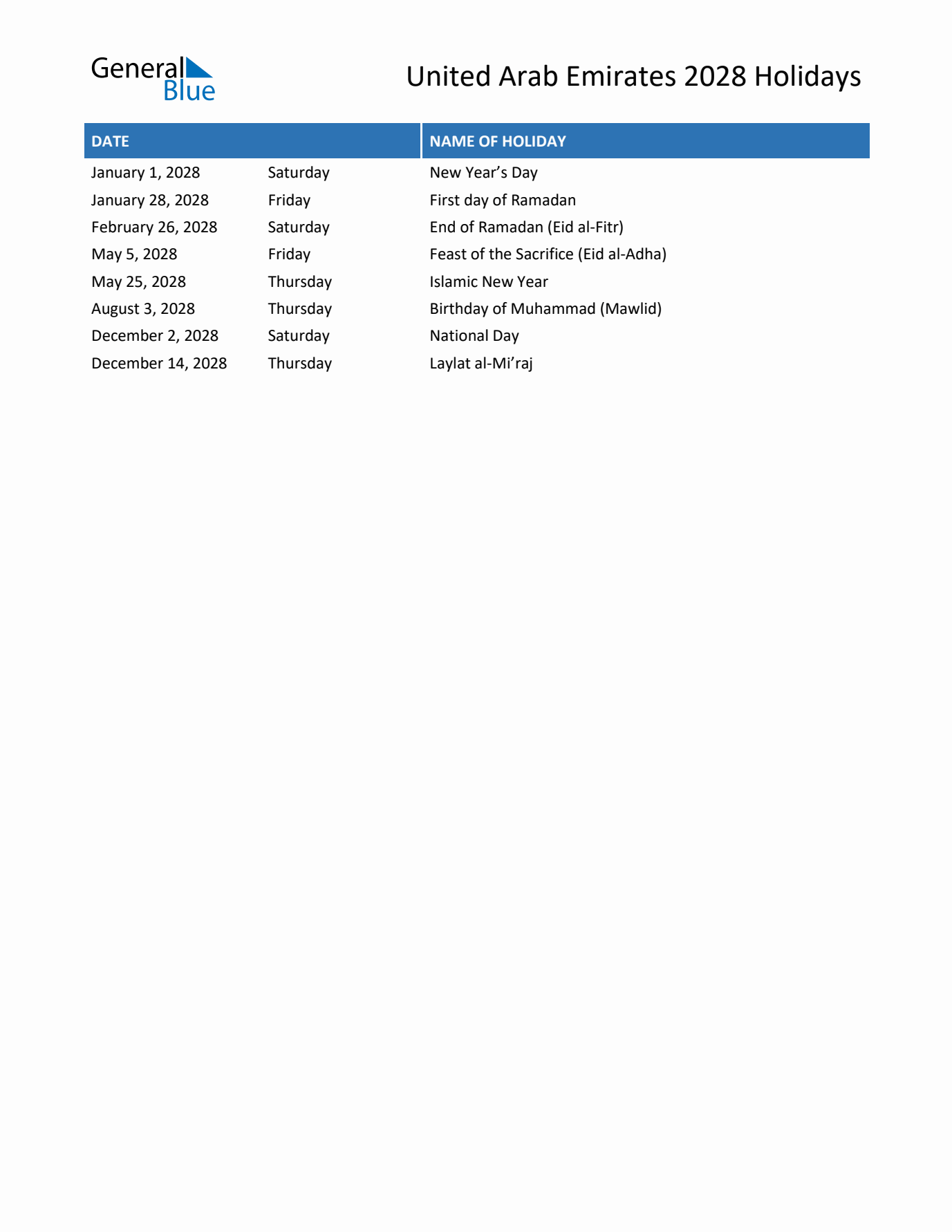 2028 United Arab Emirates List of Holidays in PDF, Word, and Excel