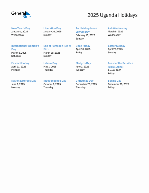 2025 Uganda List of Holidays in PDF, Word, and Excel