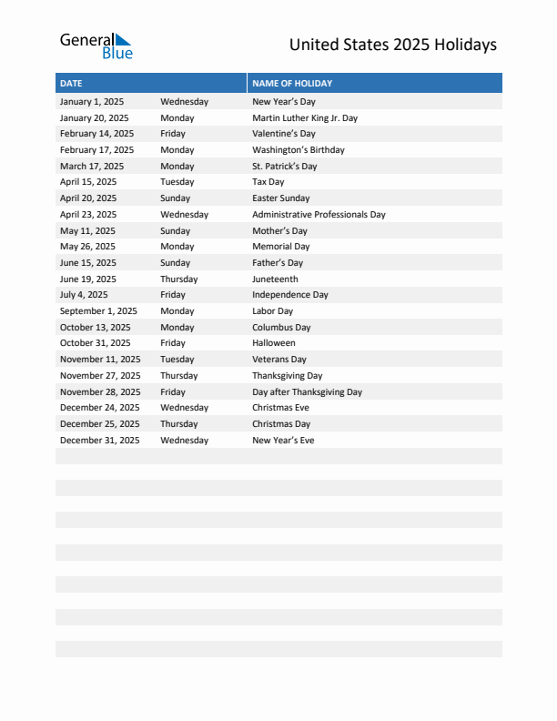 2025 United States List of Holidays in PDF, Word, and Excel