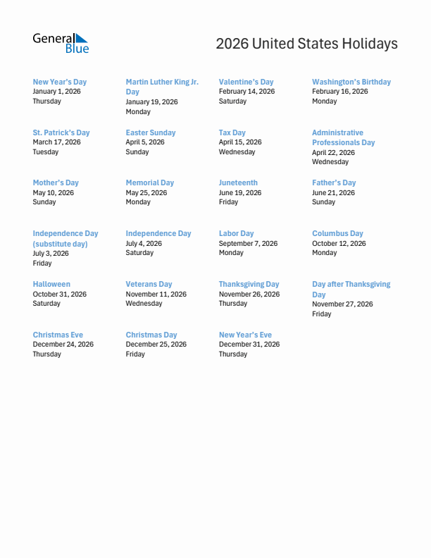 2026 United States List of Holidays in PDF, Word, and Excel