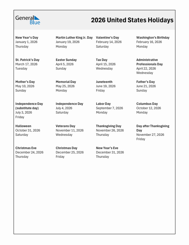 2026 United States List Of Holidays In PDF Word And Excel