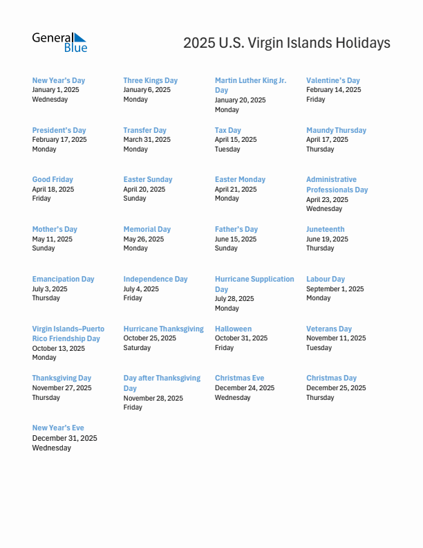 Free printable list of U.S. Virgin Islands holidays for year 2025