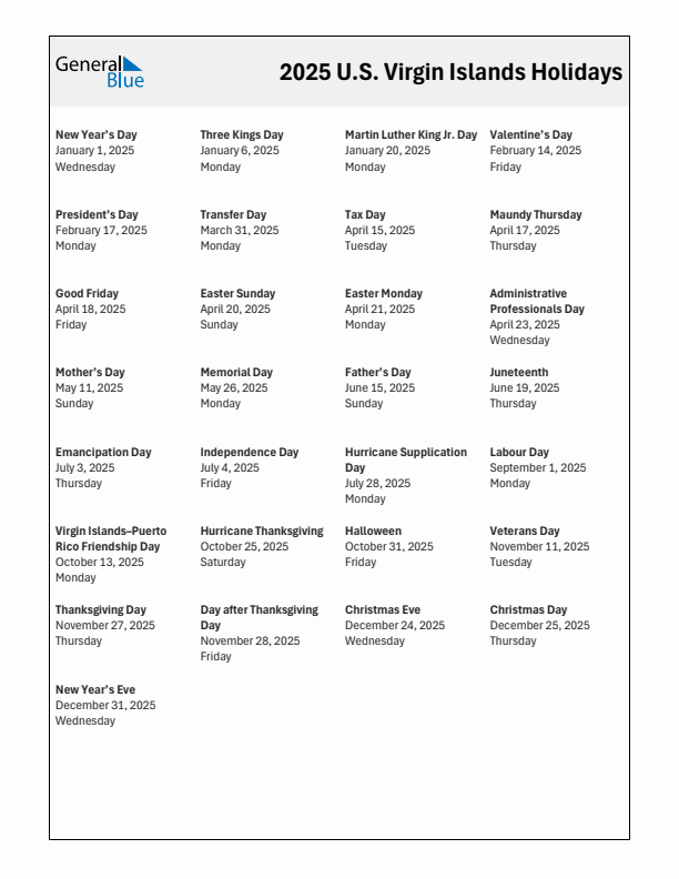 Free printable list of U.S. Virgin Islands holidays for year 2025