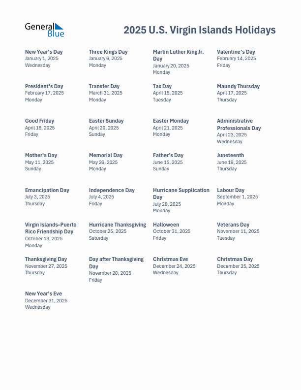 Free printable list of U.S. Virgin Islands holidays for year 2025