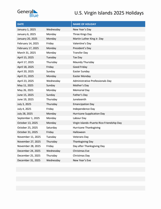 Free printable list of U.S. Virgin Islands holidays for year 2025