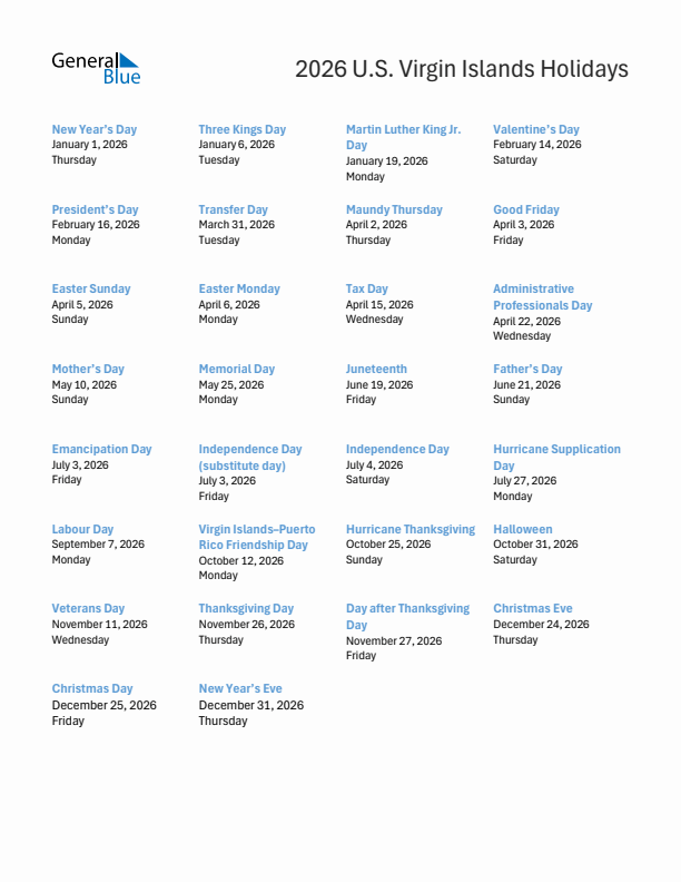 Free printable list of U.S. Virgin Islands holidays for year 2026
