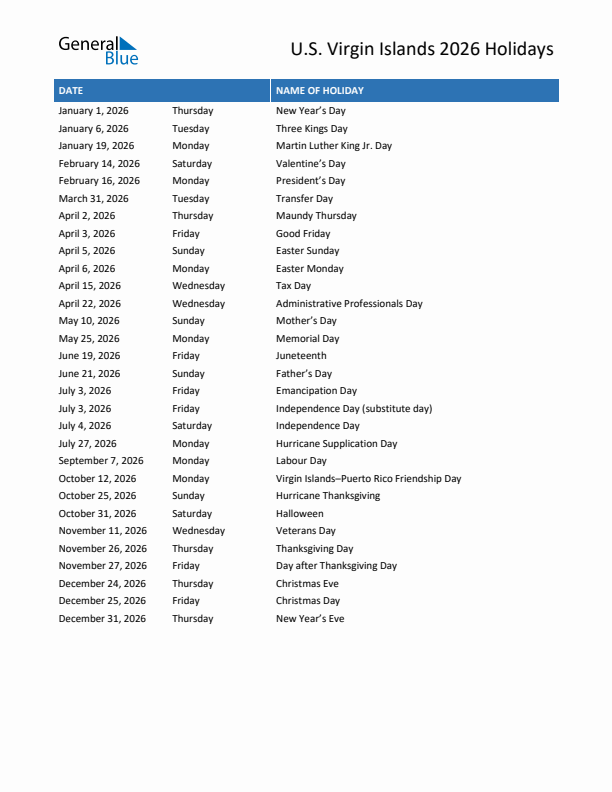 Free printable list of U.S. Virgin Islands holidays for year 2026