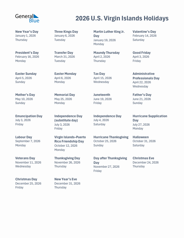 Free printable list of U.S. Virgin Islands holidays for year 2026