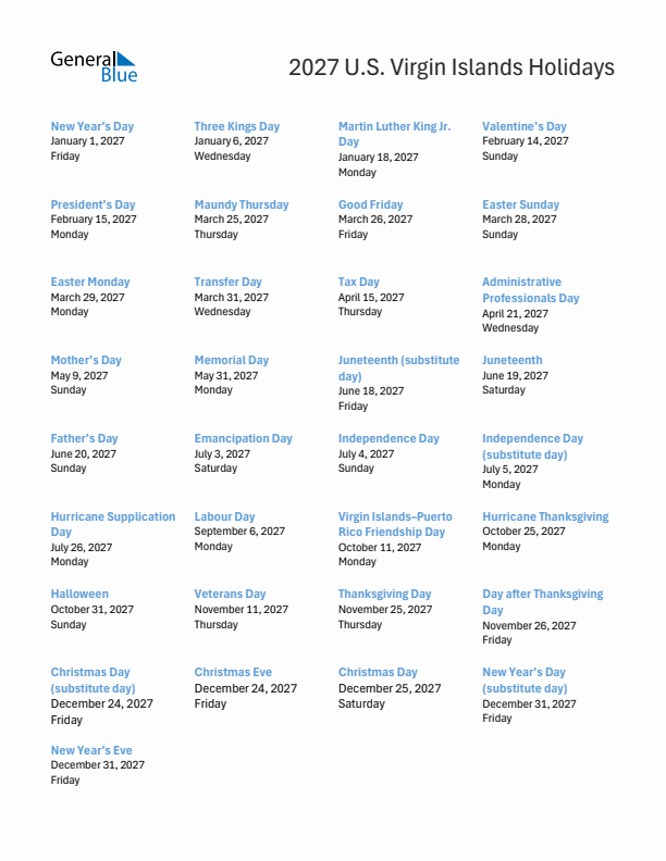 Free printable list of U.S. Virgin Islands holidays for year 2027