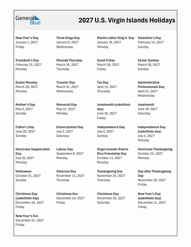 Free printable list of U.S. Virgin Islands holidays for year 2027