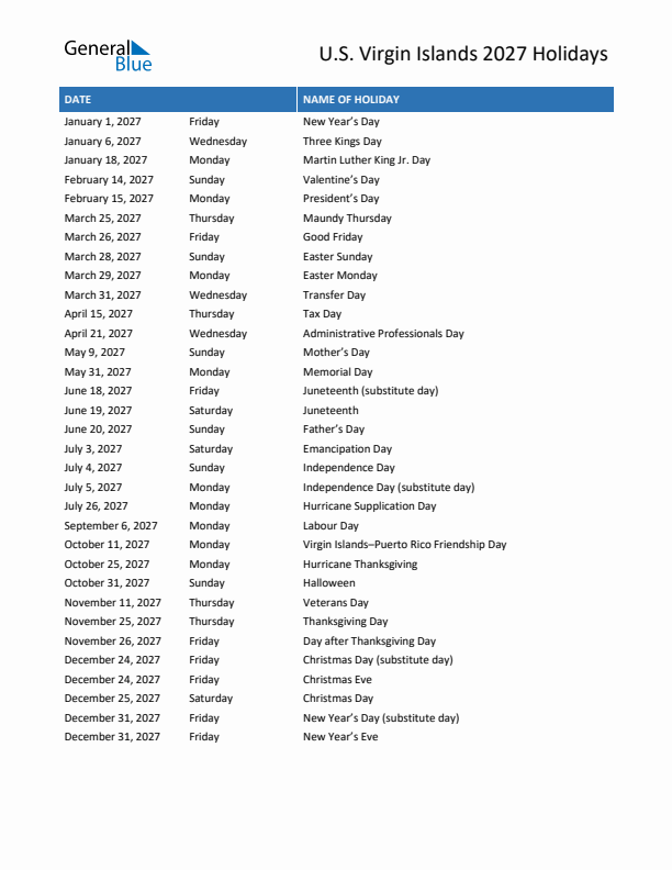 Free printable list of U.S. Virgin Islands holidays for year 2027