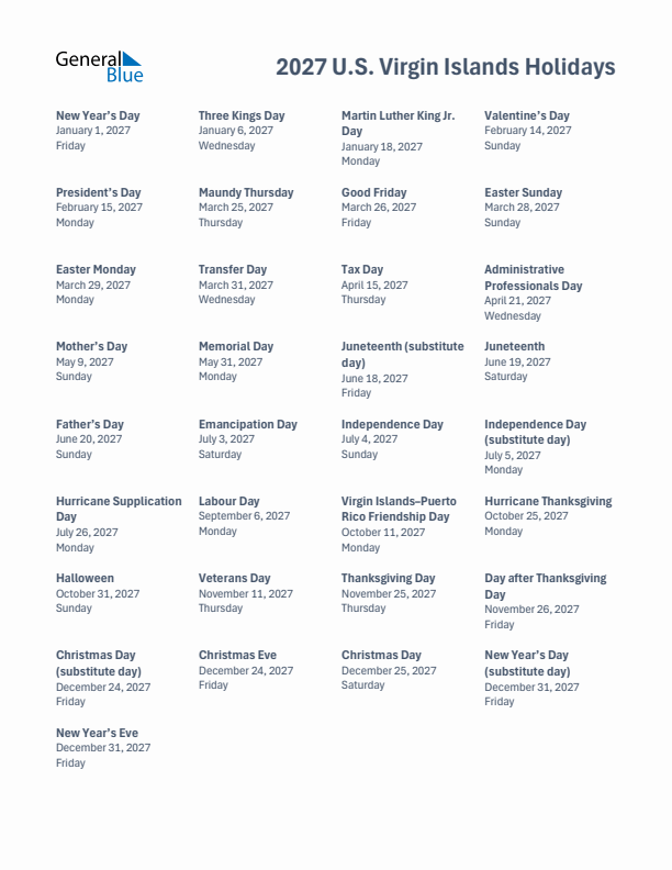 Free printable list of U.S. Virgin Islands holidays for year 2027