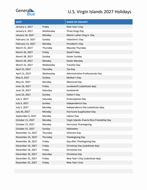 Free printable list of U.S. Virgin Islands holidays for year 2027