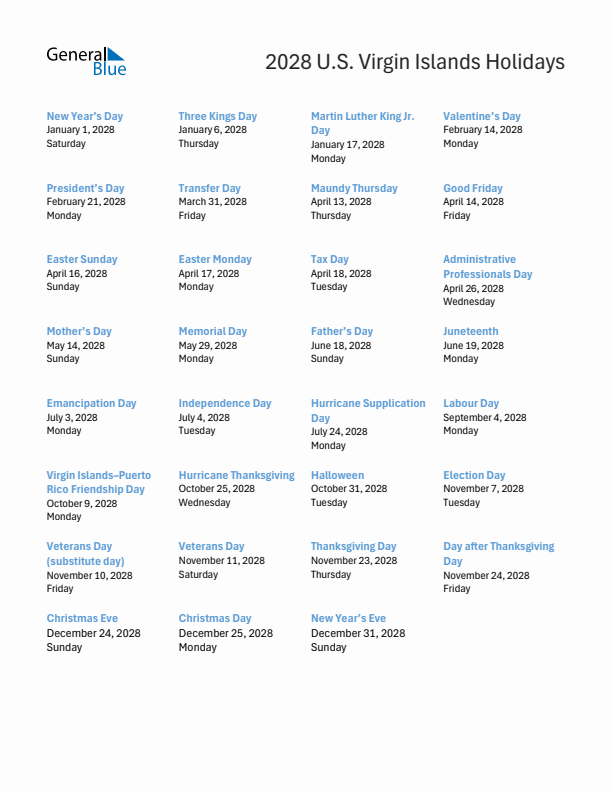 Free printable list of U.S. Virgin Islands holidays for year 2028