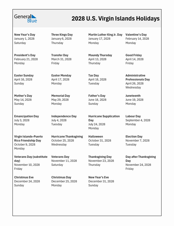 Free printable list of U.S. Virgin Islands holidays for year 2028