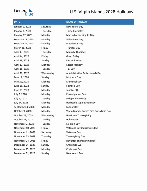 Free printable list of U.S. Virgin Islands holidays for year 2028