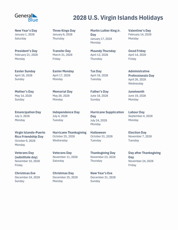 Free printable list of U.S. Virgin Islands holidays for year 2028