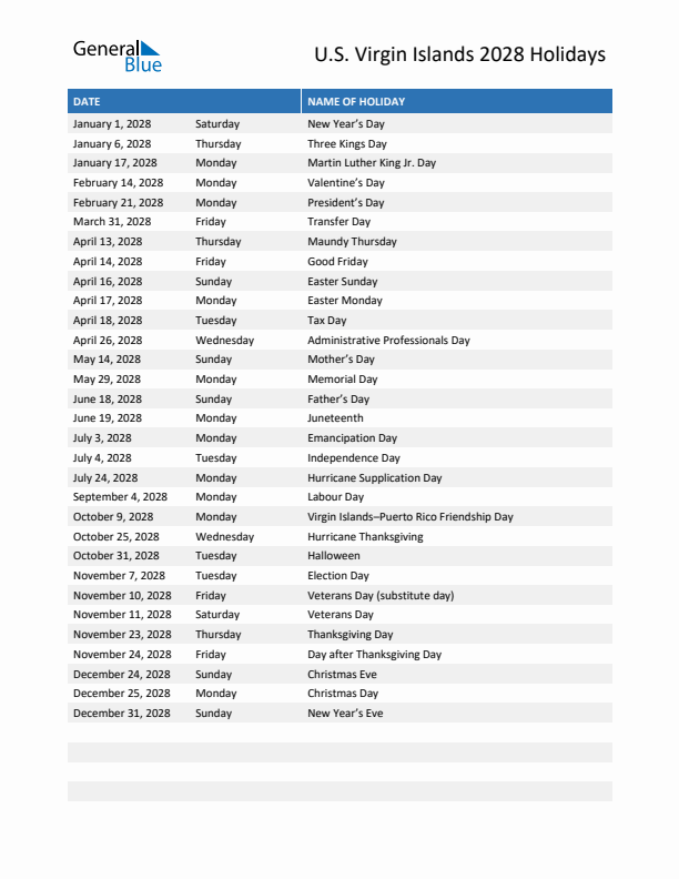 Free printable list of U.S. Virgin Islands holidays for year 2028