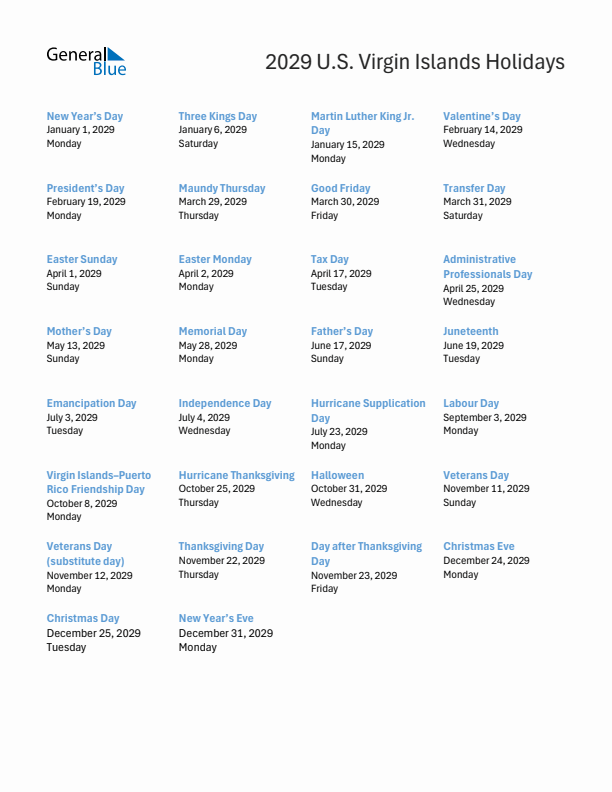 Free printable list of U.S. Virgin Islands holidays for year 2029