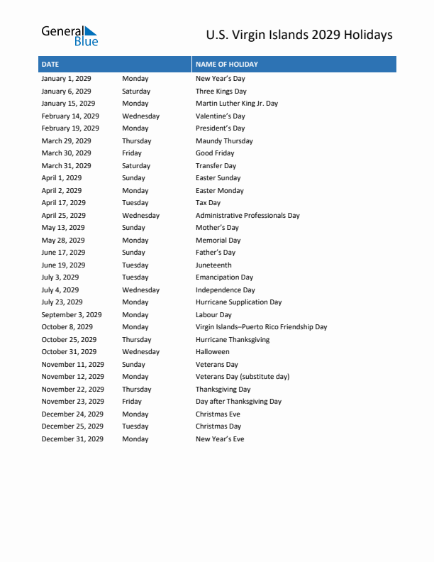 Free printable list of U.S. Virgin Islands holidays for year 2029