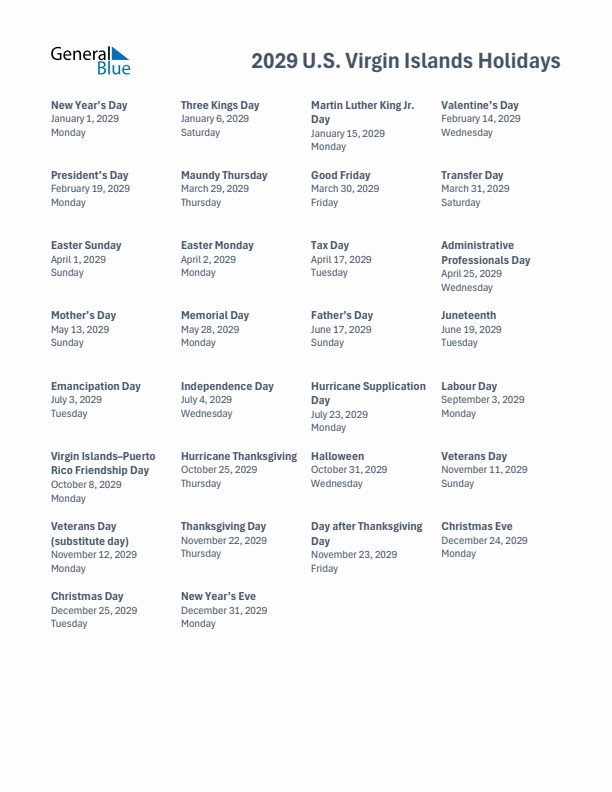 Free printable list of U.S. Virgin Islands holidays for year 2029