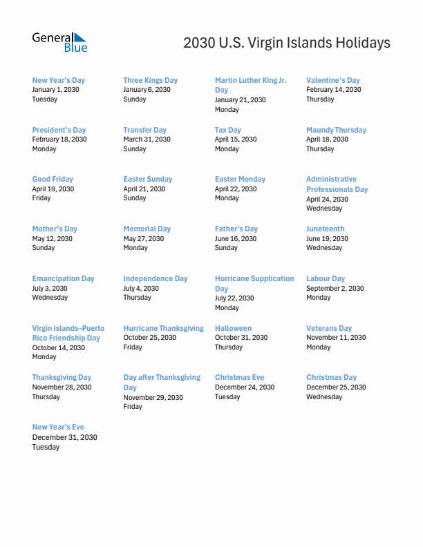 Free printable list of U.S. Virgin Islands holidays for year 2030