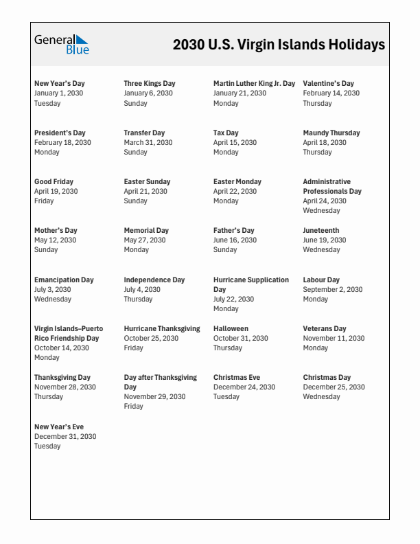 Free printable list of U.S. Virgin Islands holidays for year 2030