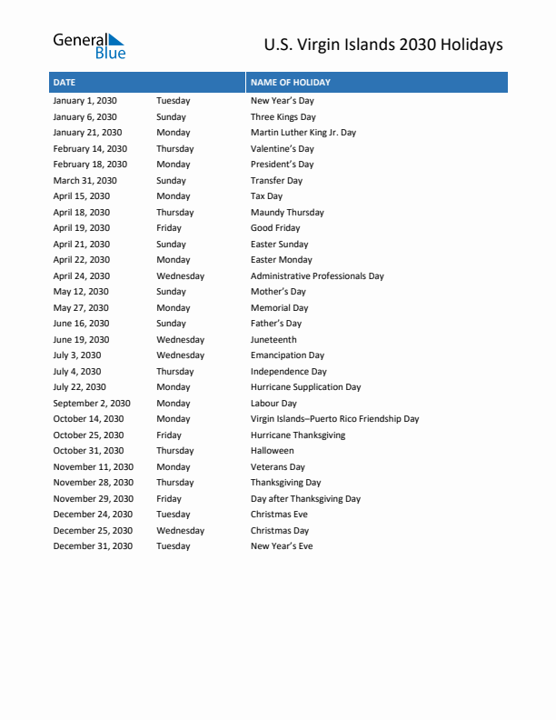 Free printable list of U.S. Virgin Islands holidays for year 2030