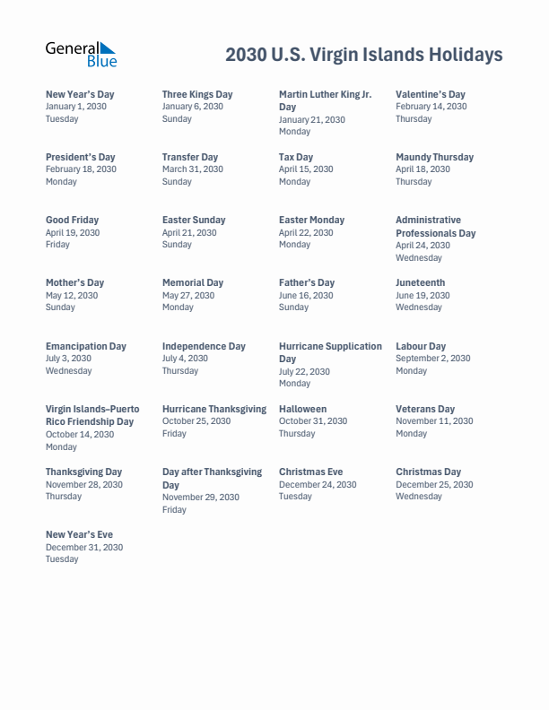 Free printable list of U.S. Virgin Islands holidays for year 2030
