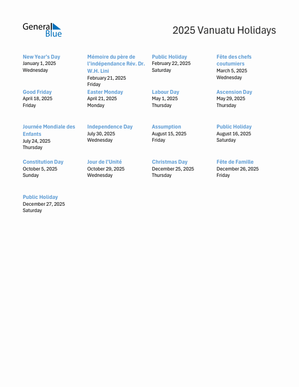 Free printable list of Vanuatu holidays for year 2025