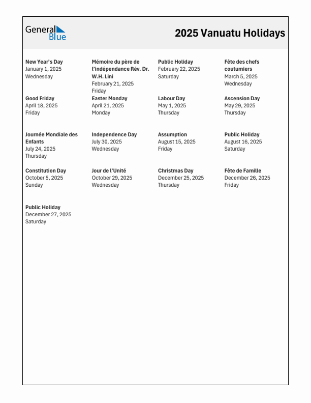 Free printable list of Vanuatu holidays for year 2025