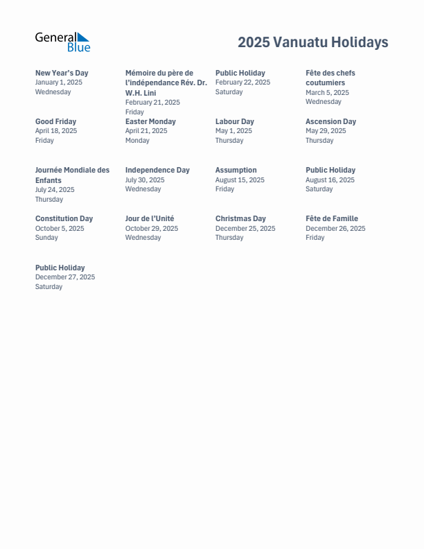 Free printable list of Vanuatu holidays for year 2025