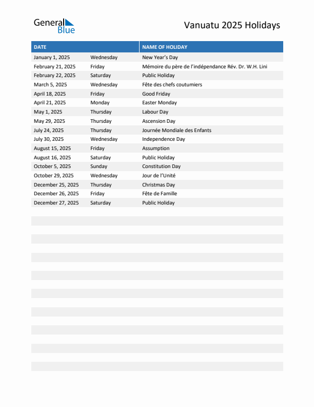 Free printable list of Vanuatu holidays for year 2025