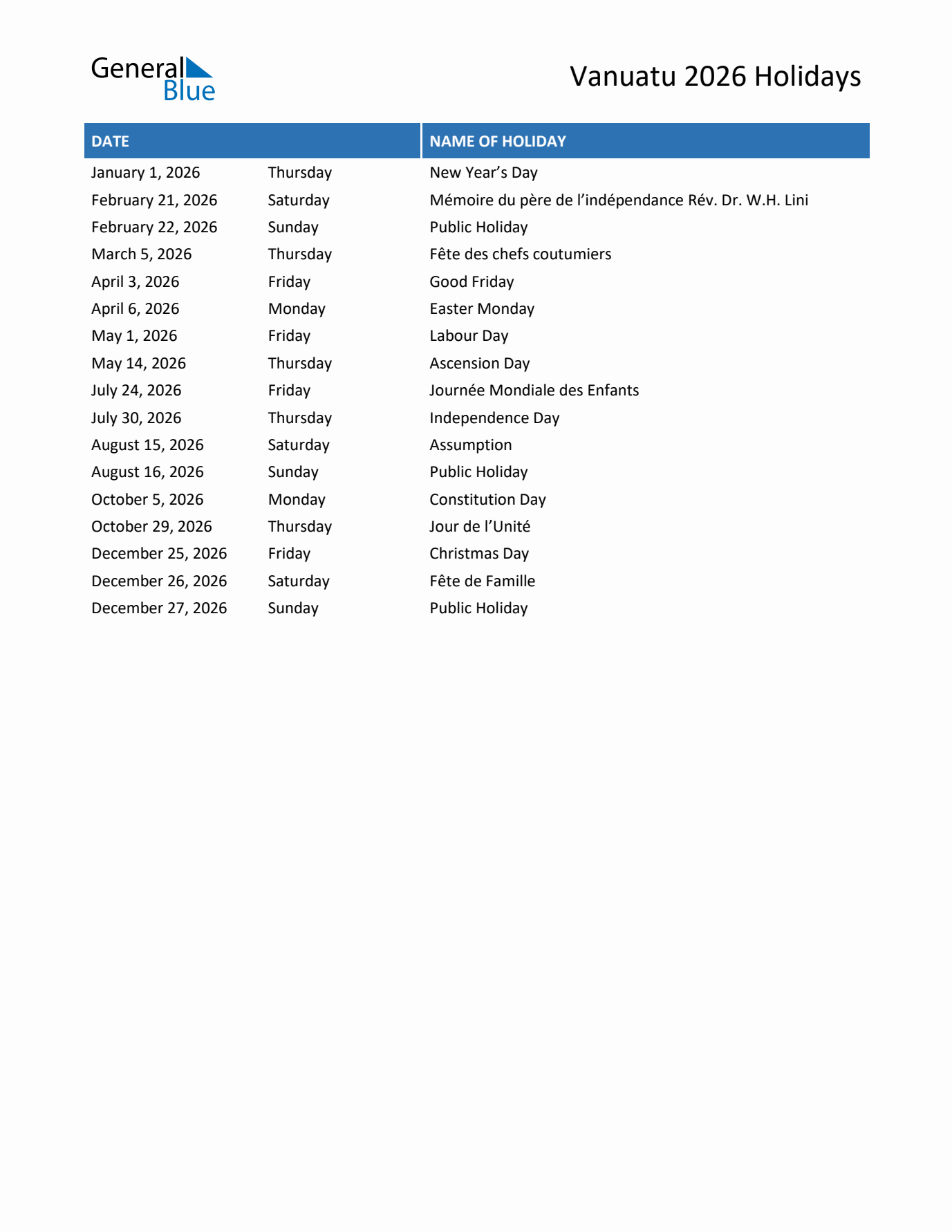 2026 Vanuatu List of Holidays in PDF, Word, and Excel