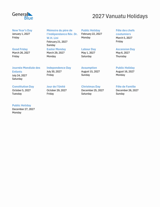 Free printable list of Vanuatu holidays for year 2027