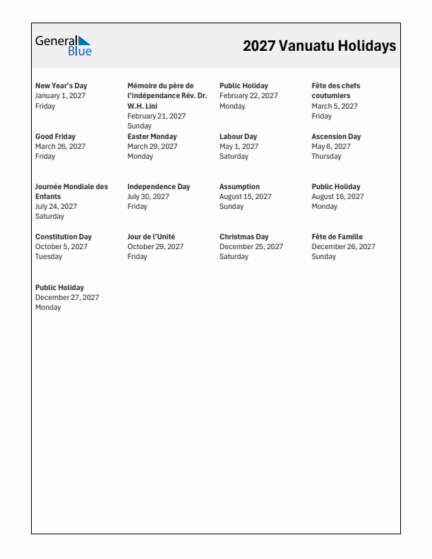 Free printable list of Vanuatu holidays for year 2027