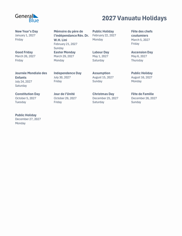 Free printable list of Vanuatu holidays for year 2027