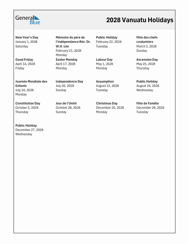 Free printable list of Vanuatu holidays for year 2028