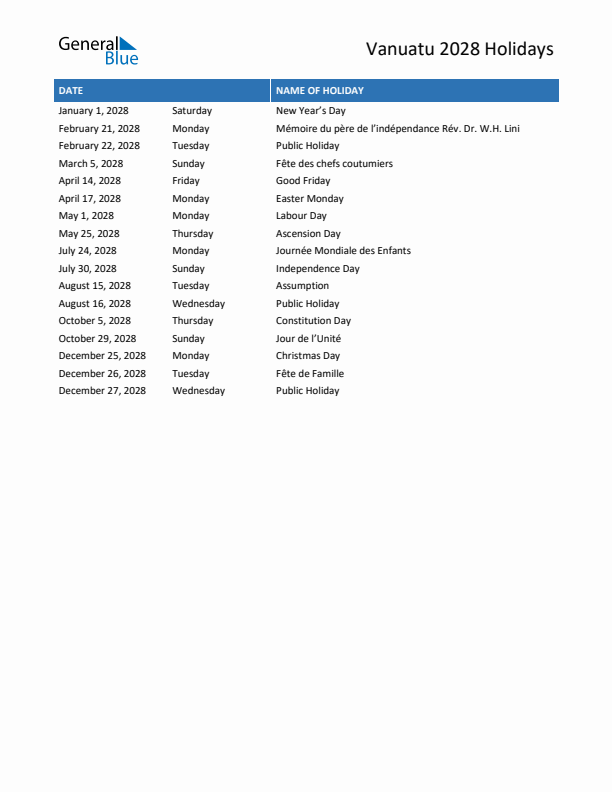 Free printable list of Vanuatu holidays for year 2028