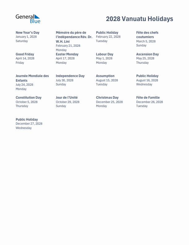 Free printable list of Vanuatu holidays for year 2028