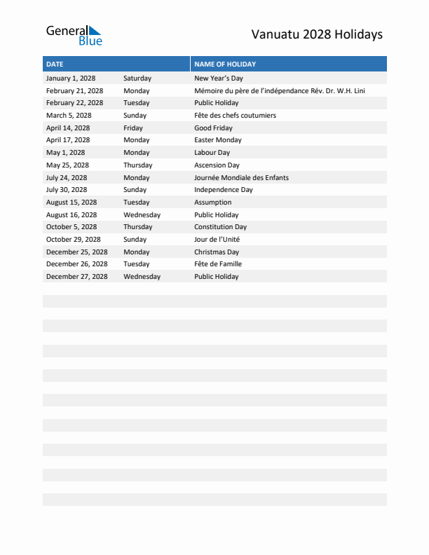 Free printable list of Vanuatu holidays for year 2028