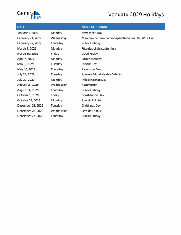 Free printable list of Vanuatu holidays for year 2029