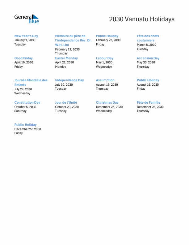 Free printable list of Vanuatu holidays for year 2030