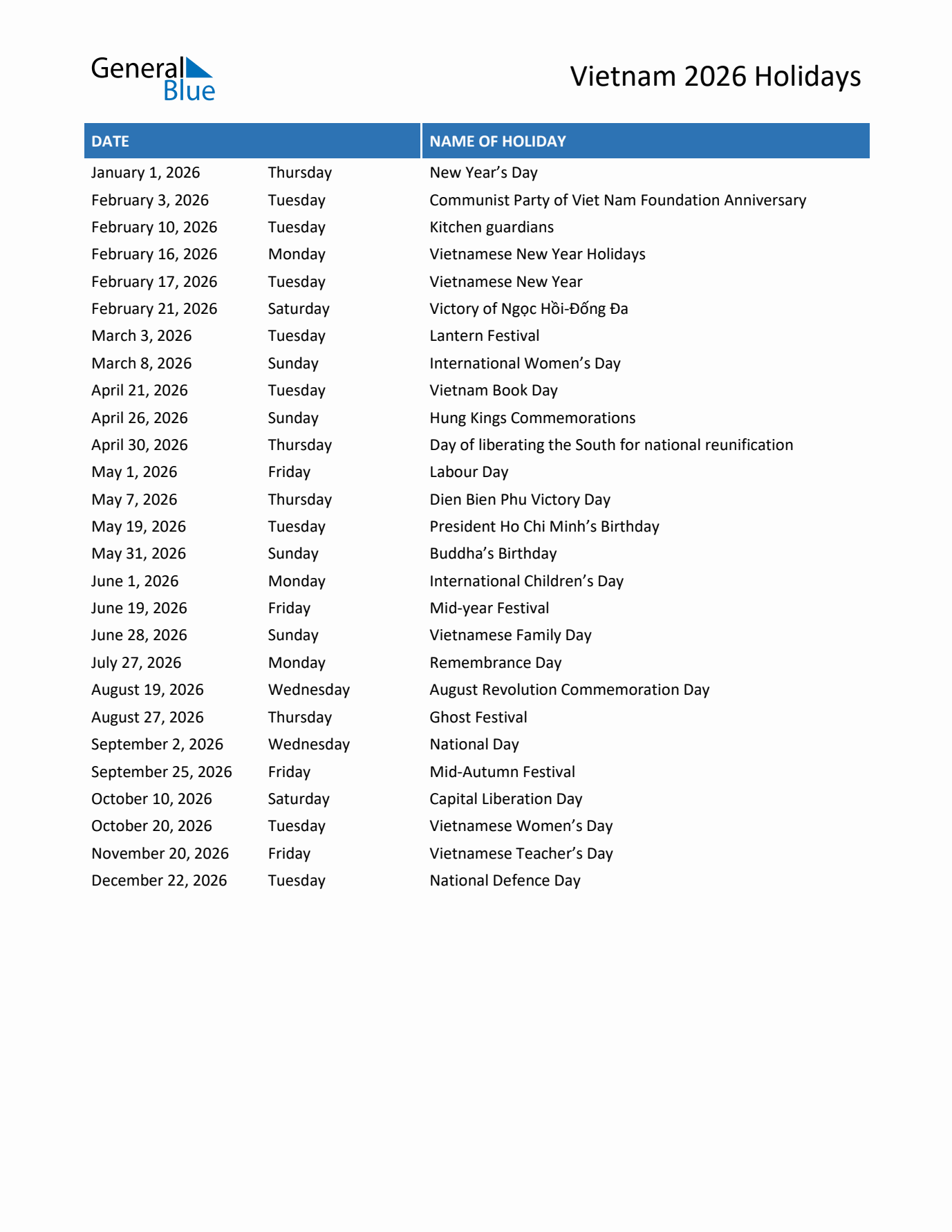 2026 Vietnam List of Holidays in PDF, Word, and Excel
